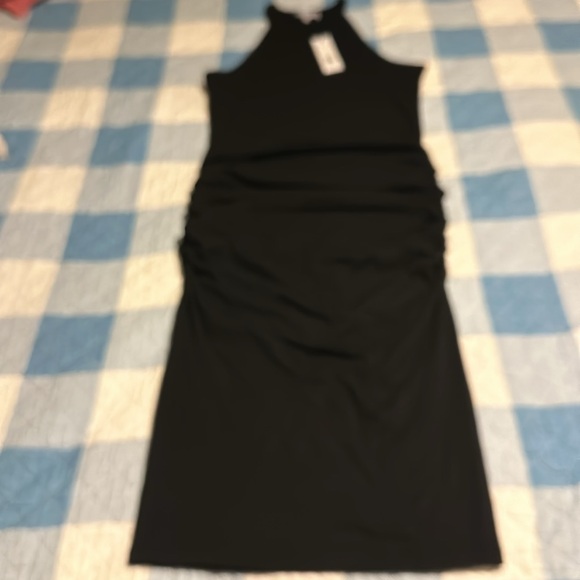 NWT MICHAEL STARS Halter Neck Racerback Ruched Sides Midi Dress Black - Picture 3 of 13